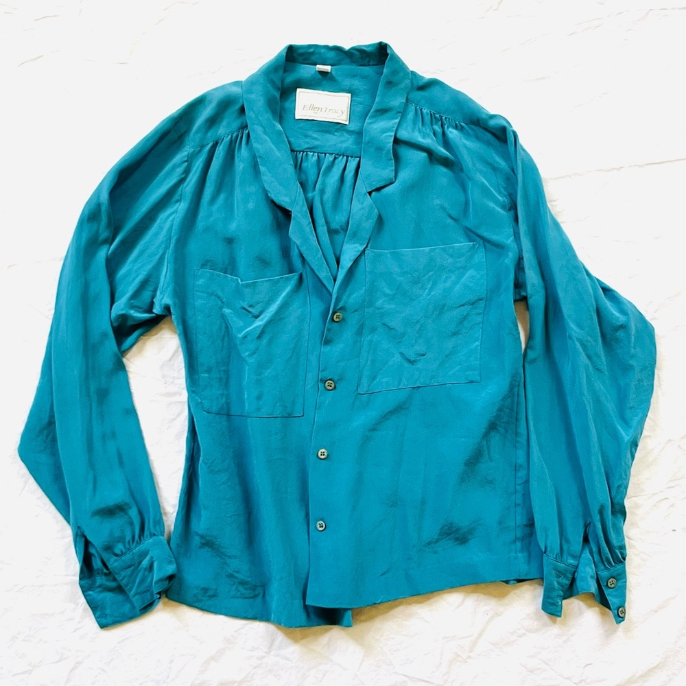 Vintage 80s Ellen Tracy 100% Silk Blue Turquoise Blouse Button Up Size 6 Petite